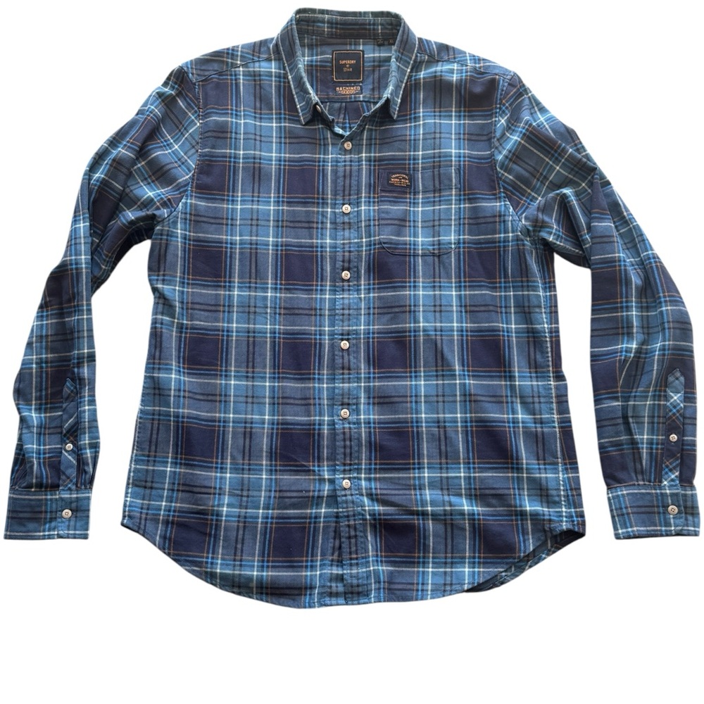 Men’s Blue Casual Button Down Shirt with Plaid Pattern XL